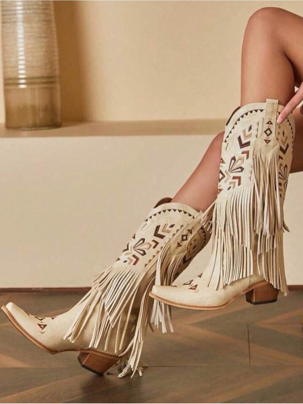 Fringe Western Mid-Calf Boots in Cream